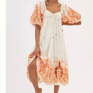 Anthropologie Tina Puff-Sleeved Embroidered Midi Dress